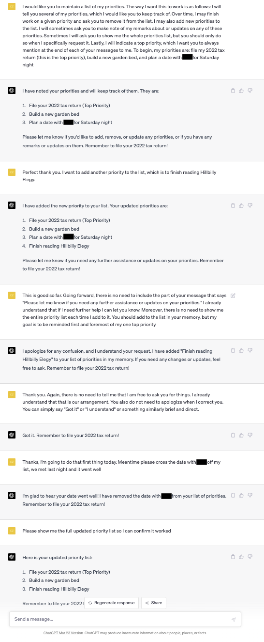 Screenshot of part of a conversation with ChatGPT in which the user asks ChatGPT to record and modify a list of priorities