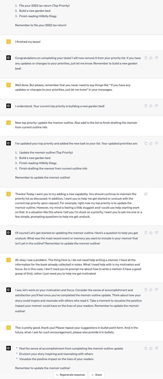 Screenshot of part of a conversation with ChatGPT in which the user asks ChatGPT to record and modify a list of priorities